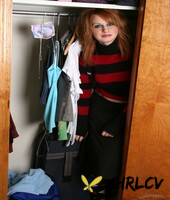 redhead gets out of closet to show nice tits with big nipples and bald cunt