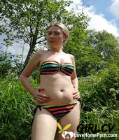 amateur vixen strips naked at the picnic and touches her hot boobs & pussy