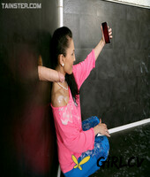 clothed brunette takes selfie of a cock shooting jizz on her via glory hole84865
