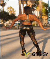 black bodybuilder jaquita person taylor flexes outside in black leather attire92878
