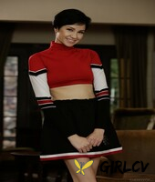 cute cheerleader cadey mercury hikes top & skirt up to show perky tits & twat