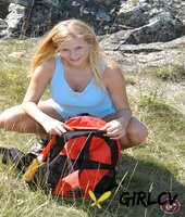 natural blonde bonnie holds her great tits before dildoing on a hiking trip