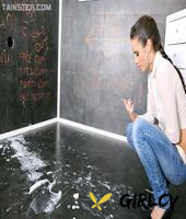 slutty brunette gets covered in sticky cum in messy gloryhole bukkake scene