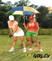 lesbian babes jannete & carol toy each others love holes while golfing