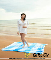 brunette teen flaunts her nice melons on a beach blanket beside the ocean