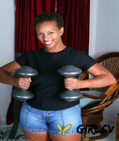 short-haired ebony stacy j shows her big ass & pink cunt after working out